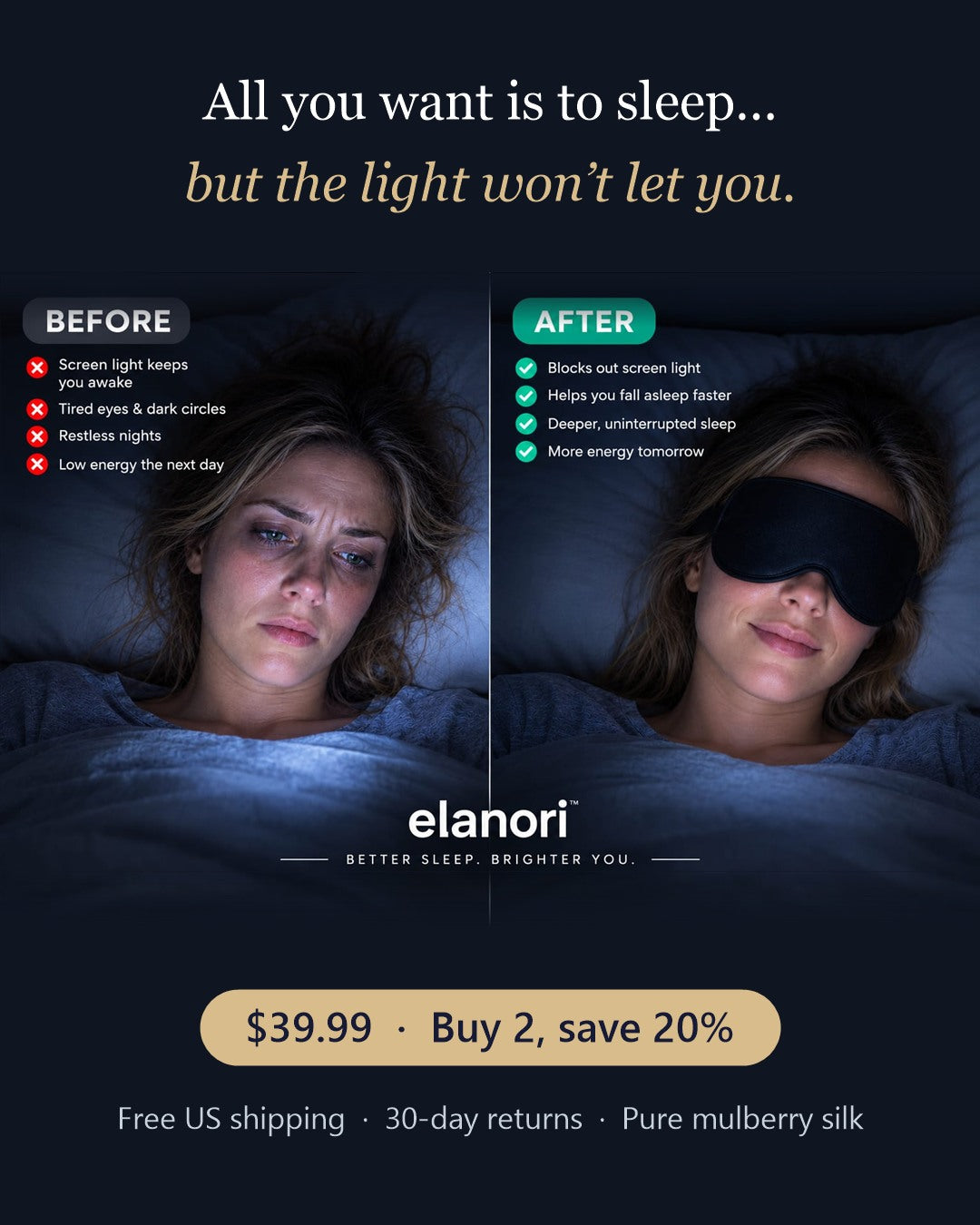 Before and after: restless nights from screen light vs. deep sleep with the Elanori silk sleep mask